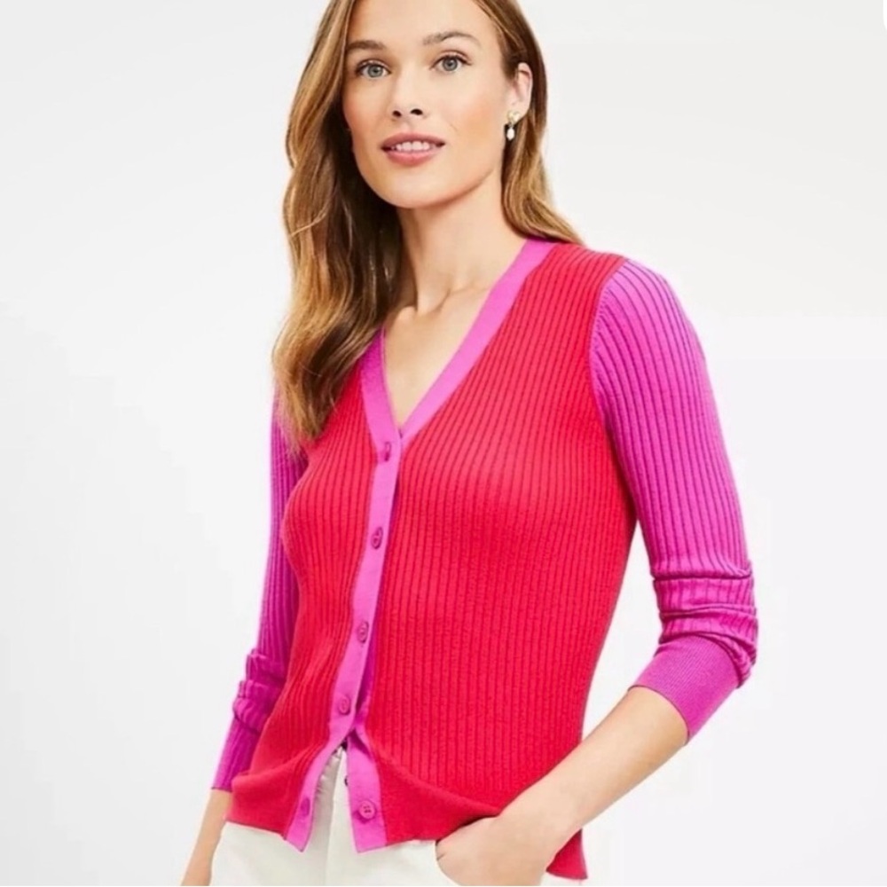 LOFT Valentine’s Pink & Red Ribbed Cardigan Sweater